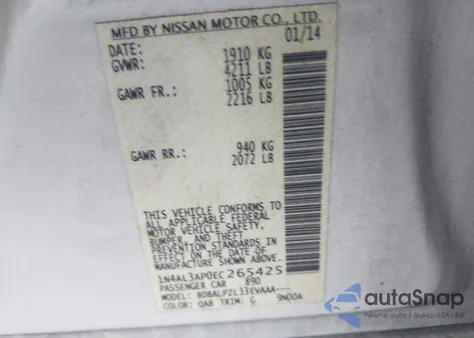 2014 Nissan Altima 2.5 from USA, damaged, VIN 1N4AL3AP0EC265425